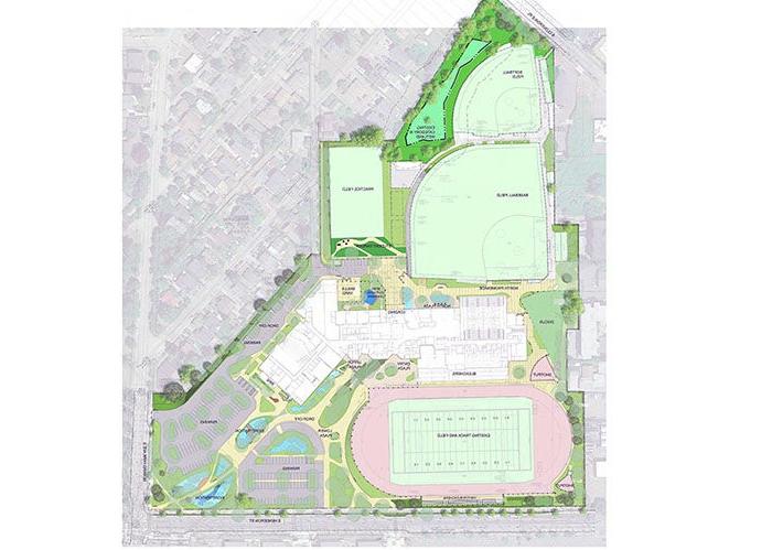 a drawing of a site plan that includes a building and playfields